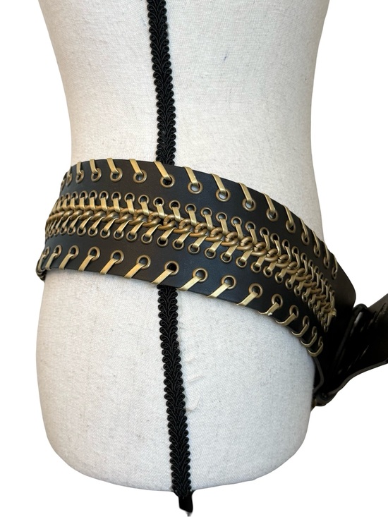 Wide Black Faux Leather Belt Gold Chain Lace-Up Detail Boho Festival Western L main image 11